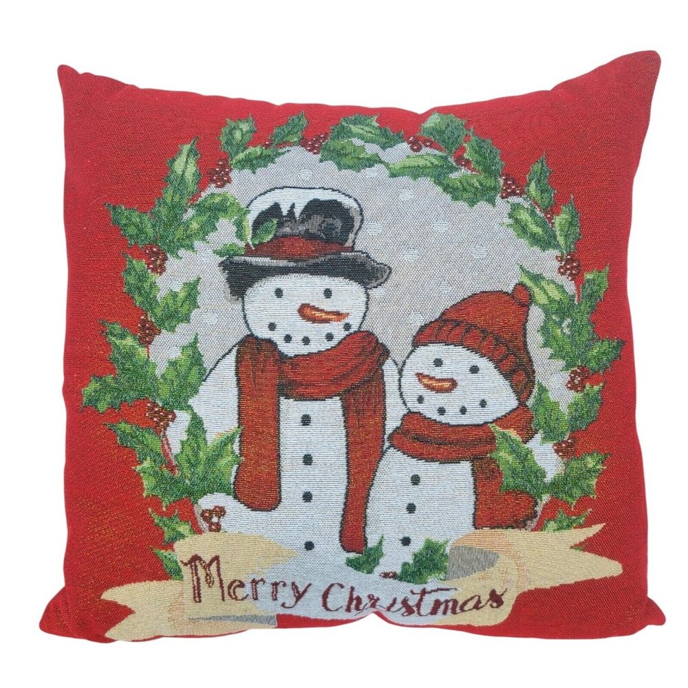 St. Nicholas Square Holiday Christmas Tapestry Throw Pillow Red Snowman Decor